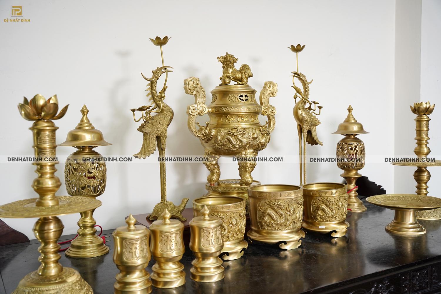 Bộ đỉnh đồng Ngũ Sự Song Long 65 Nắp Thọ cùng 4 đồ thờ - Ảnh 2