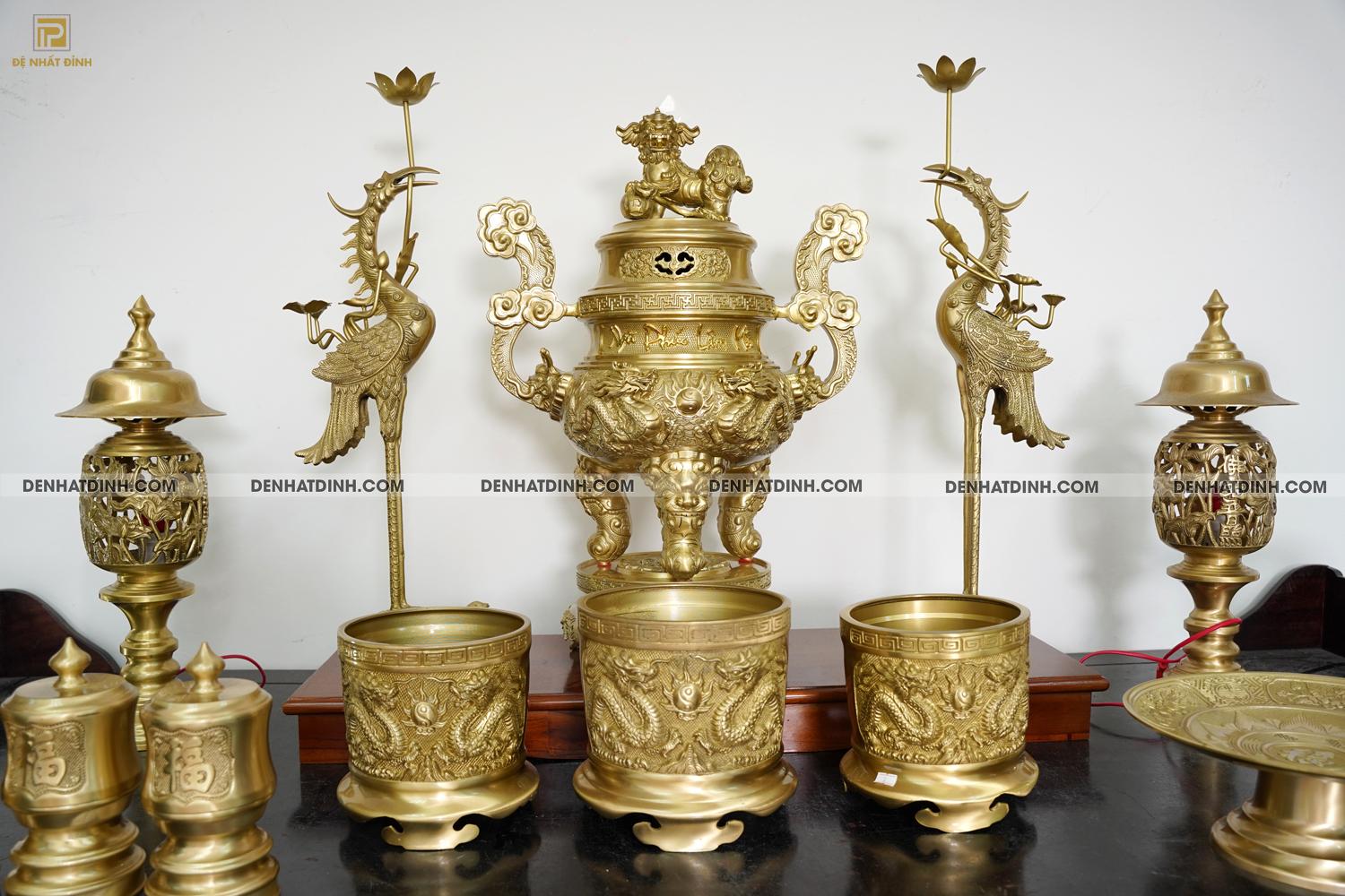 Bộ đỉnh đồng Ngũ Sự Song Long 65 Nắp Thọ cùng 4 đồ thờ - Ảnh 3
