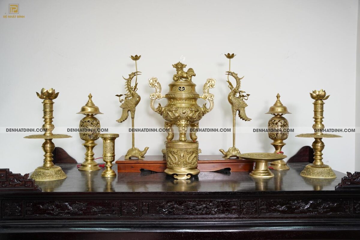 Bộ đỉnh đồng Ngũ Sự Song Long 65 Nắp Thọ cùng 4 đồ thờ phụ kiện