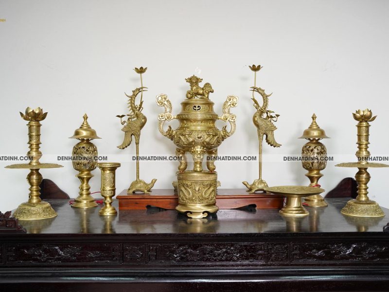 Bộ đỉnh đồng Ngũ Sự Song Long 65 Nắp Thọ cùng 4 đồ thờ phụ kiện