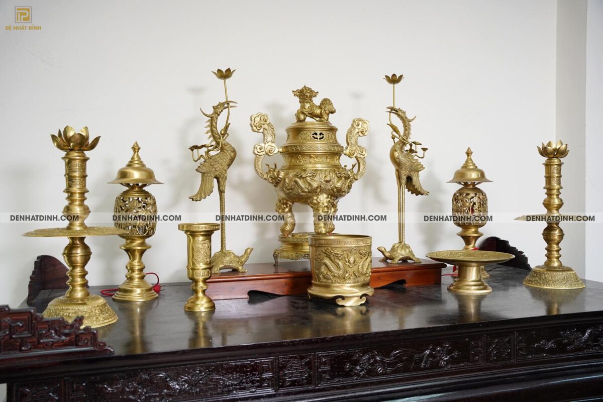 Bộ đỉnh đồng Ngũ Sự Song Long 65 Nắp Thọ cùng 4 đồ thờ phụ kiện - Ảnh 2