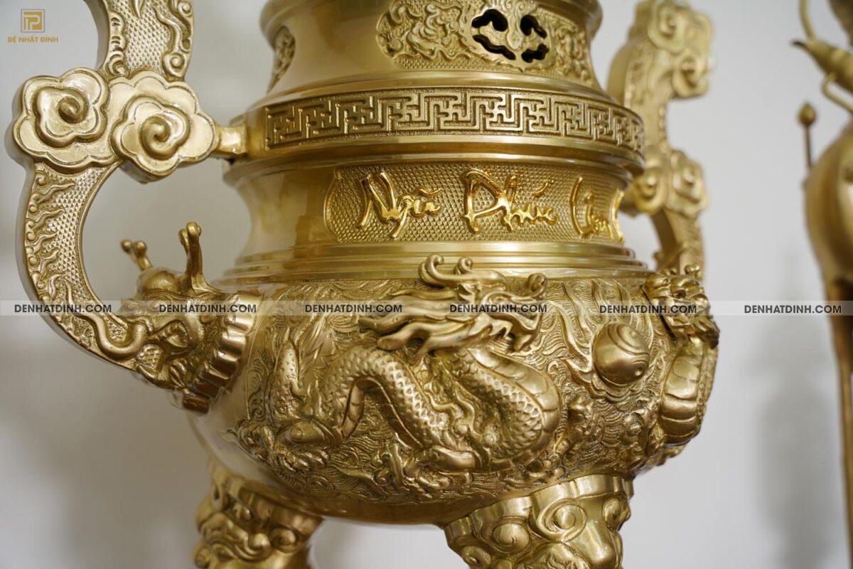Bộ đỉnh đồng Ngũ Sự Song Long 65 Nắp Thọ cùng 4 đồ thờ phụ kiện - Ảnh 10