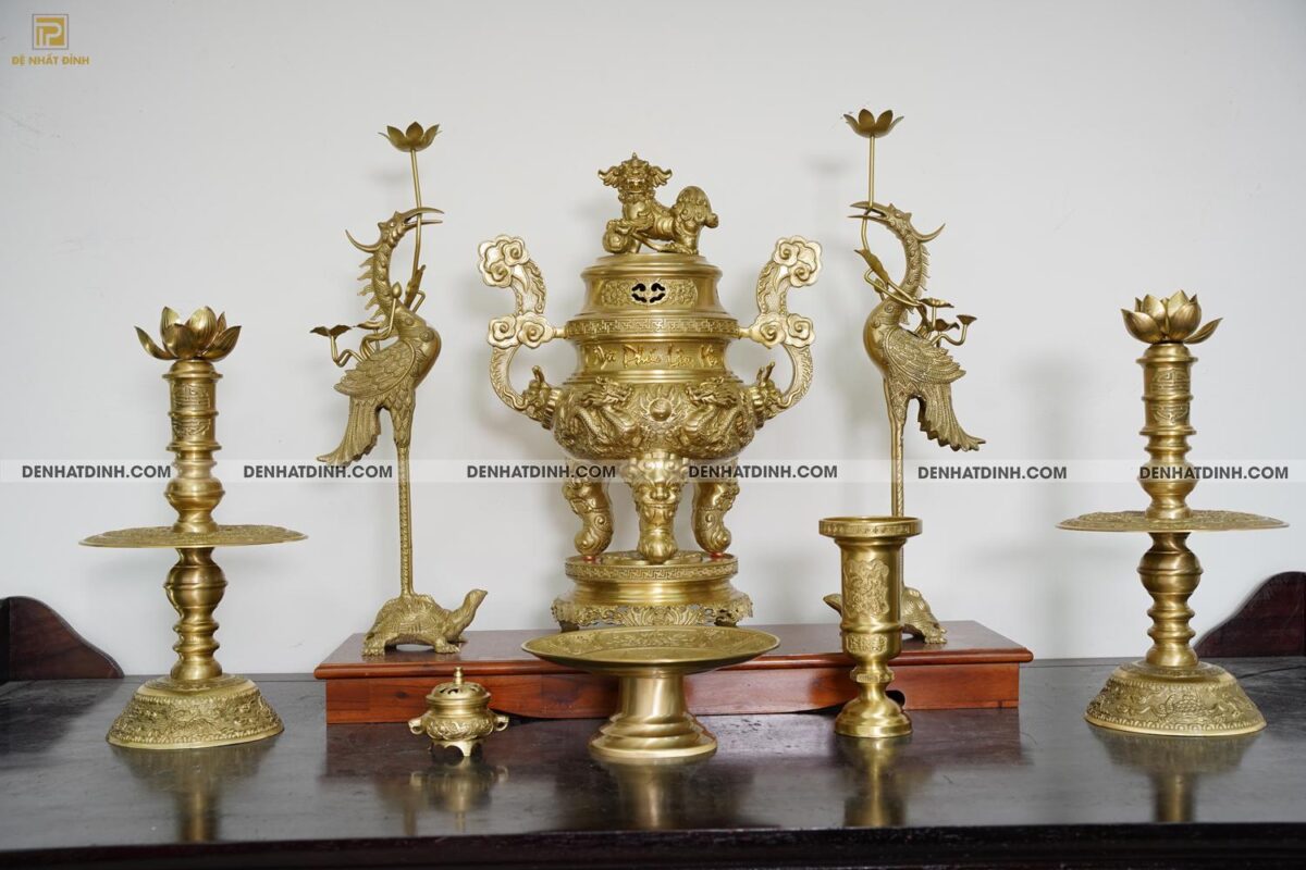 Bộ đỉnh đồng Ngũ Sự Song Long cao 65cm Nắp Thọ cùng 3 đồ thờ phụ kiện