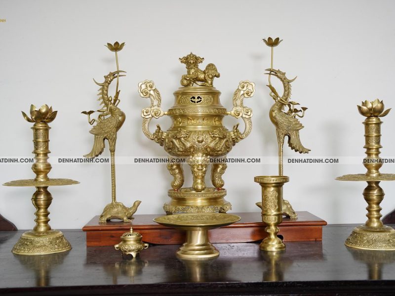 Bộ đỉnh đồng Ngũ Sự Song Long cao 65cm Nắp Thọ cùng 3 đồ thờ phụ kiện