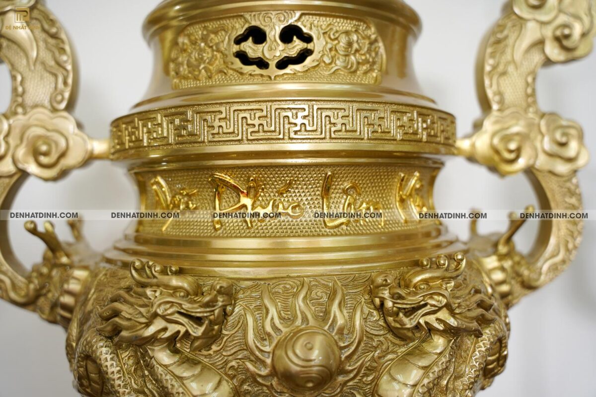 Bộ đỉnh đồng Ngũ Sự Song Long cao 65cm Nắp Thọ cùng 3 đồ thờ phụ kiện - Ảnh 7