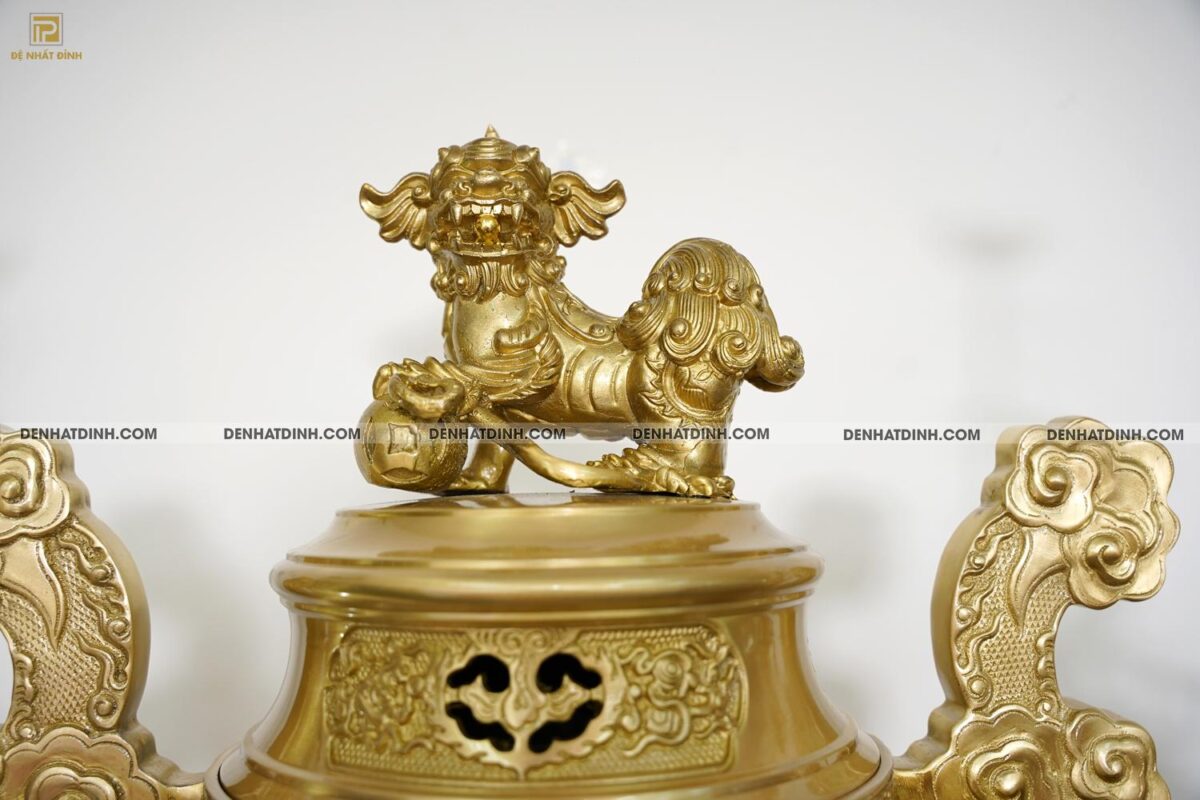 Bộ đỉnh đồng Ngũ Sự Song Long cao 65cm Nắp Thọ cùng 3 đồ thờ phụ kiện - Ảnh 8