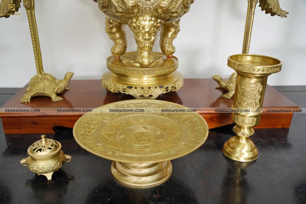 Bộ đỉnh đồng Ngũ Sự Song Long cao 65cm Nắp Thọ cùng 3 đồ thờ phụ kiện - Ảnh 10