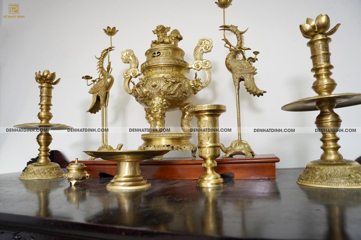 Bộ đỉnh đồng Ngũ Sự Song Long cao 65cm Nắp Thọ cùng 3 đồ thờ phụ kiện - Ảnh 6