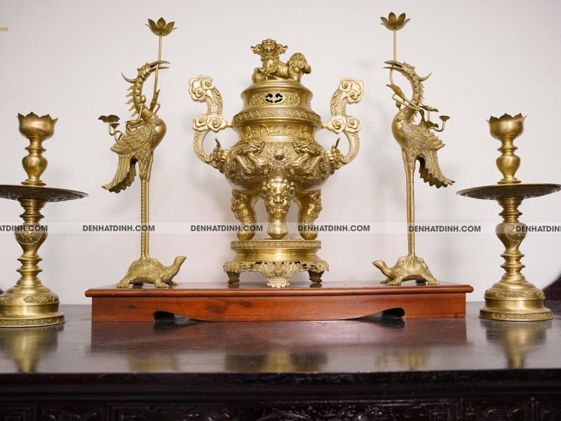 Bộ đỉnh đồng Ngũ Sự Song Long 65 Nắp Thọ Nến Kỹ Màu Mộc