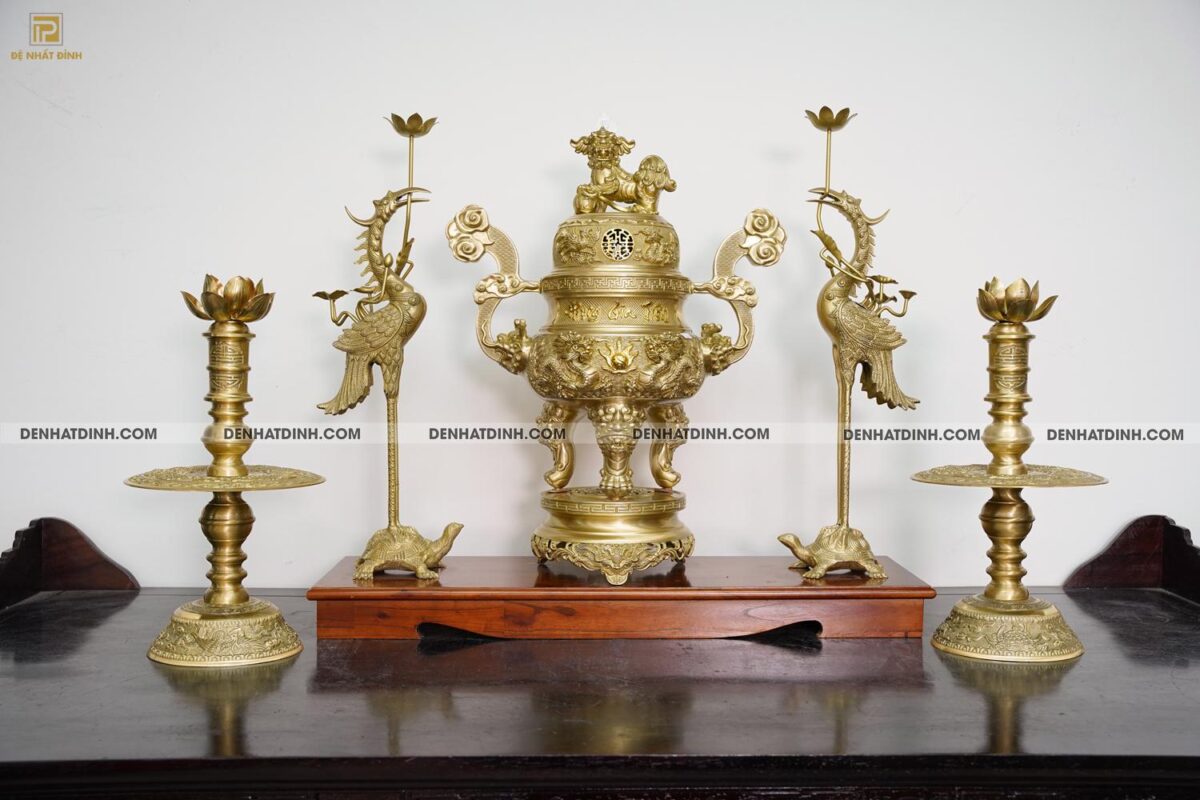Bộ đỉnh đồng ngũ sự Song Long Tứ Linh Phụng Gia Tiên 65cm - Màu đồng Catut
