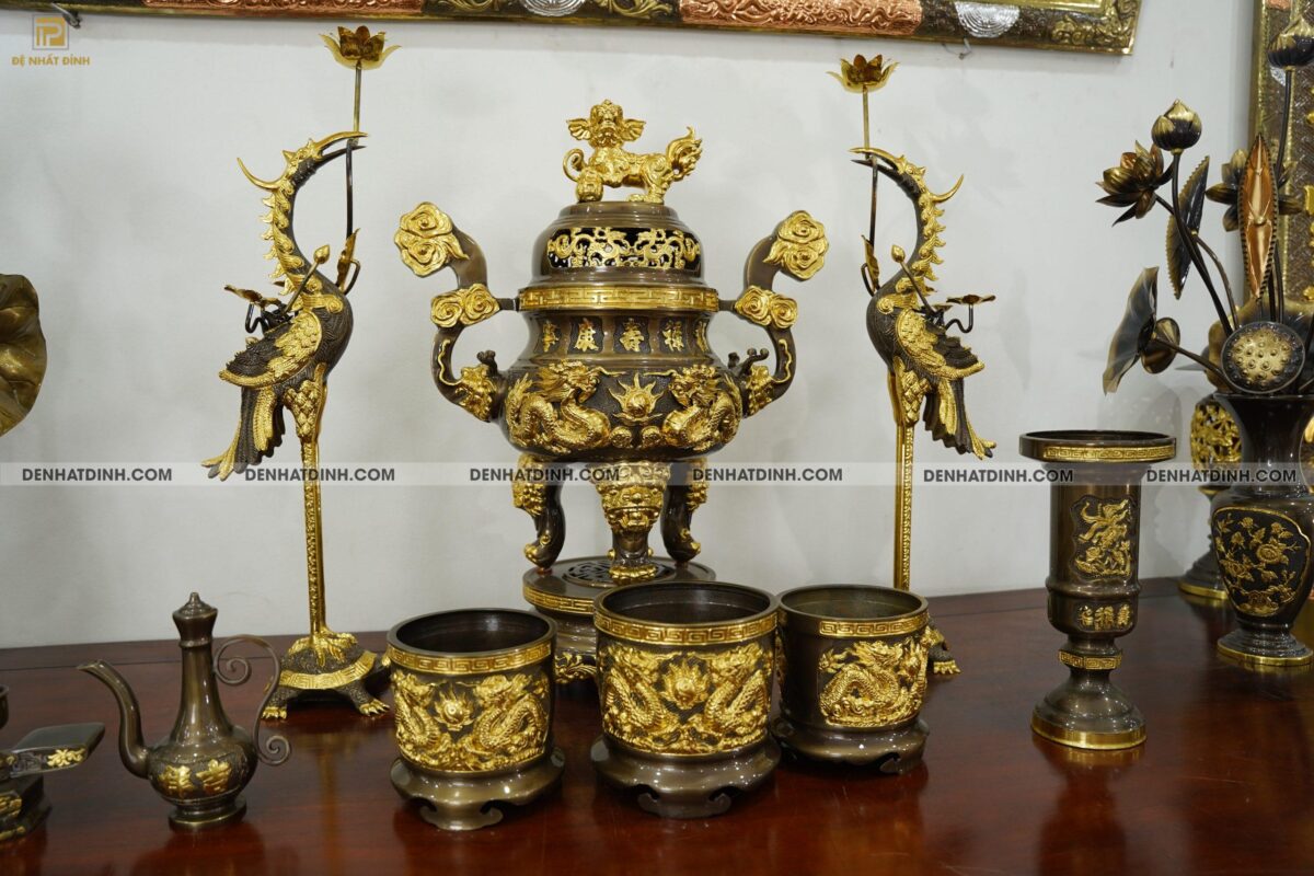 Bộ đỉnh đồng song long 65 Full phụ kiện dát vàng điểm - Ảnh 2