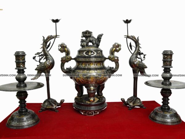 Bộ đỉnh đồng ngũ sự song long chầu nguyệt 65 khảm ngũ sắc