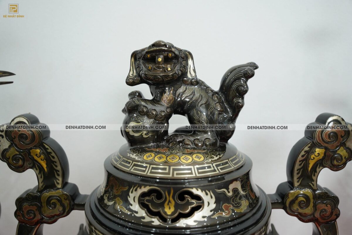 Bộ đỉnh đồng ngũ sự song long chầu nguyệt 65 khảm ngũ sắc - Ảnh 3