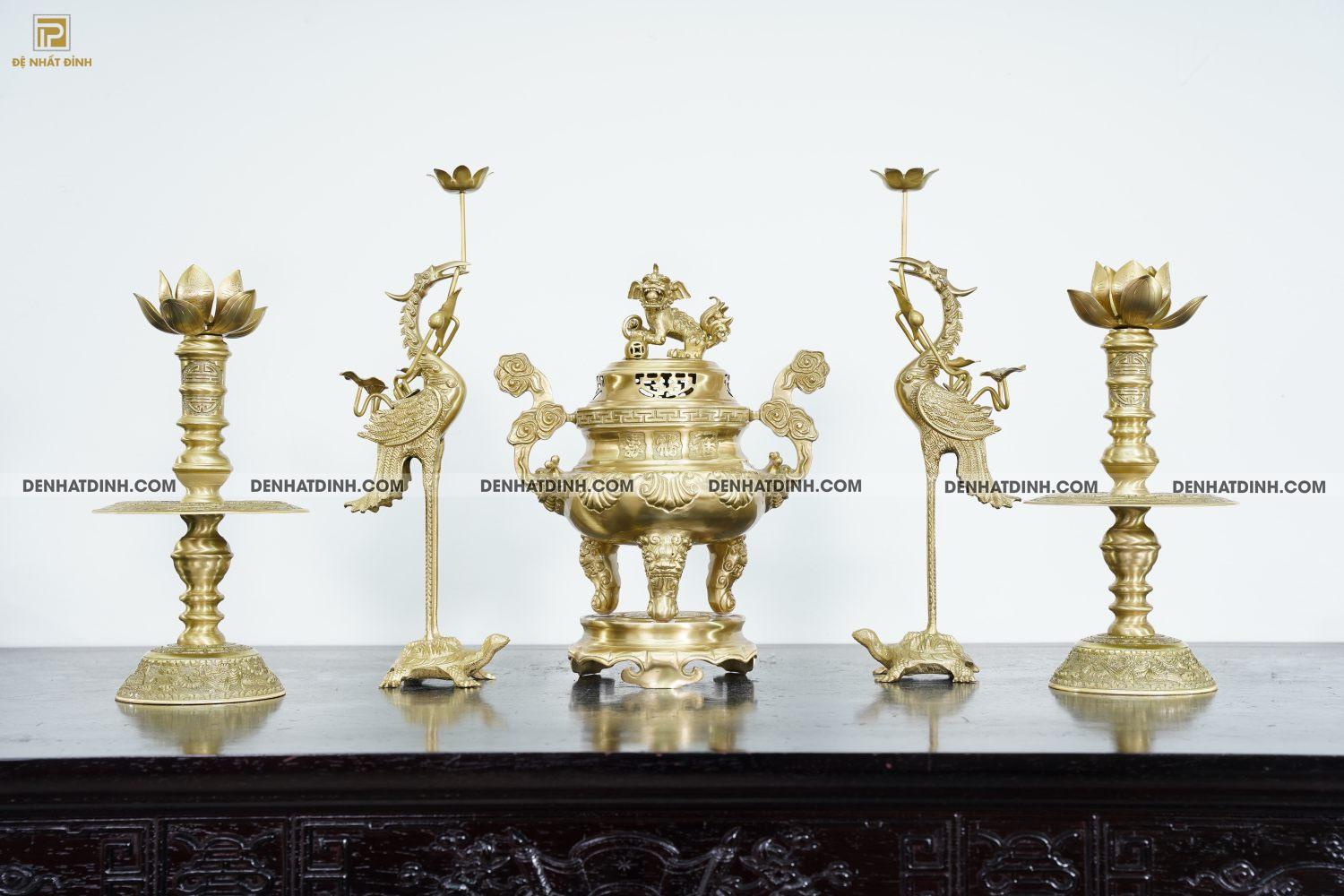 Bộ đỉnh đồng ngũ sự hoa sồi cao 40cm màu đồng Catut nguyên bản