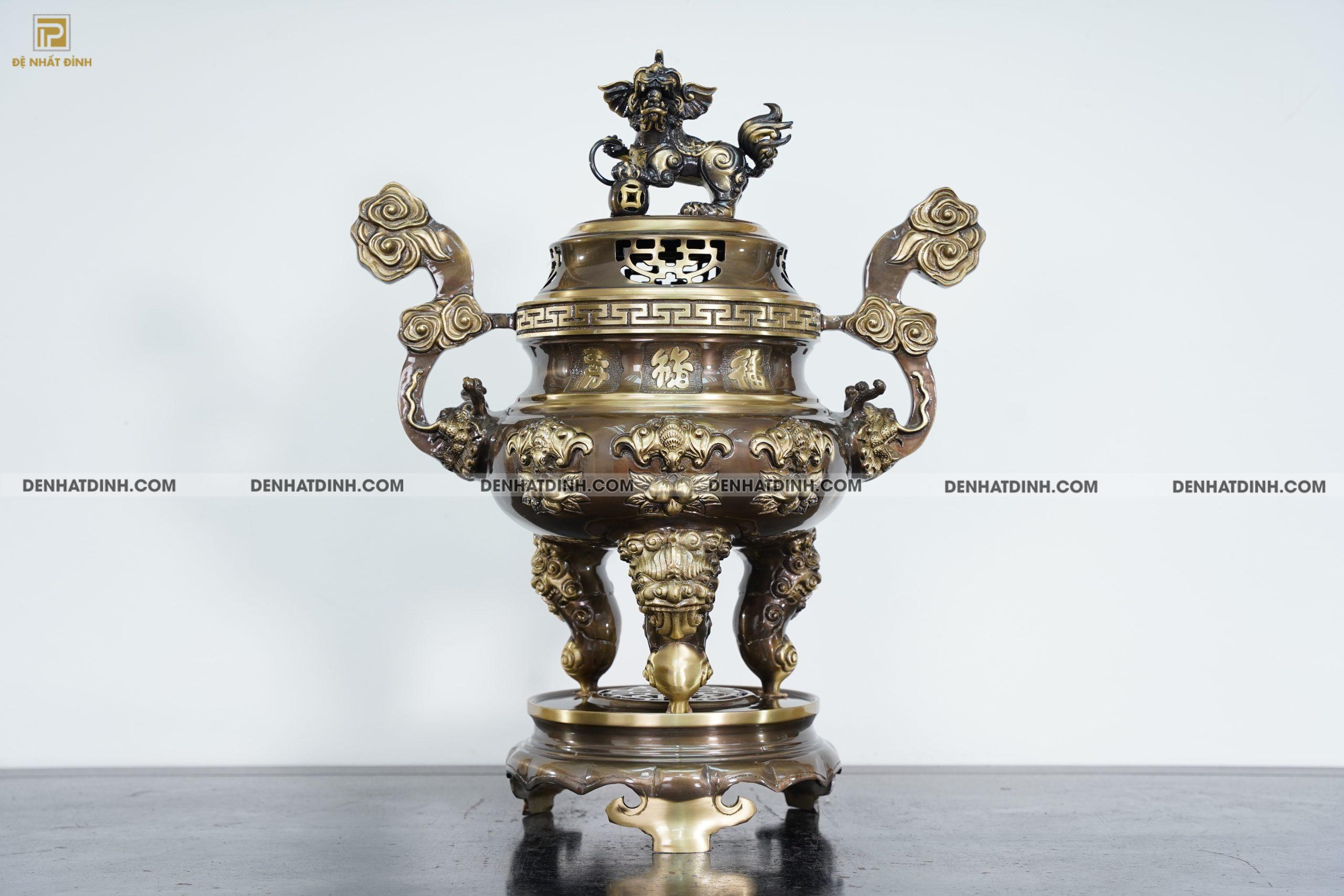 Bộ đỉnh đồng ngũ sự dơi đào cao 65cm màu hun giả cổ chân nến kỹ - Ảnh 6