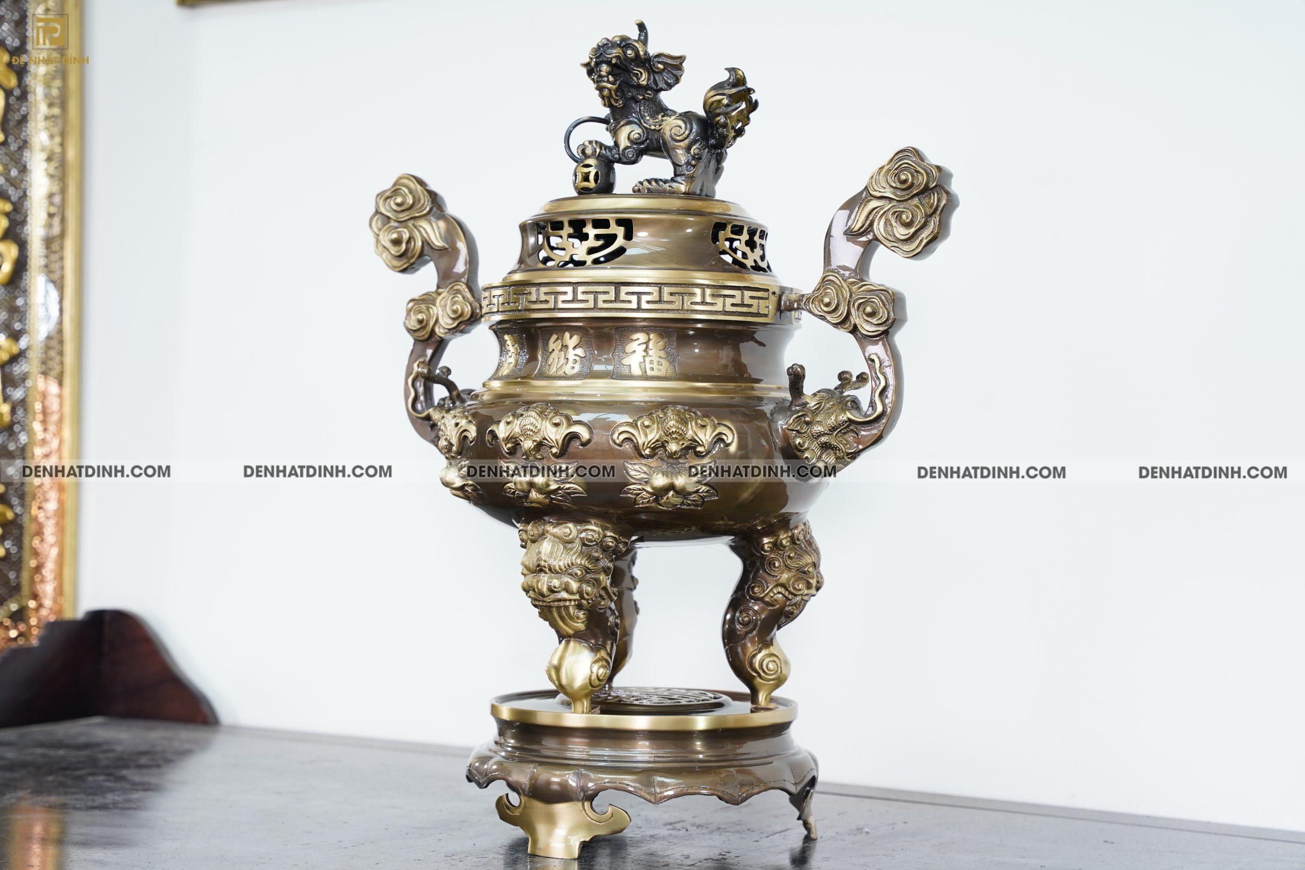 Bộ đỉnh đồng ngũ sự dơi đào cao 65cm nến trơn màu hun giả cổ - Ảnh 5