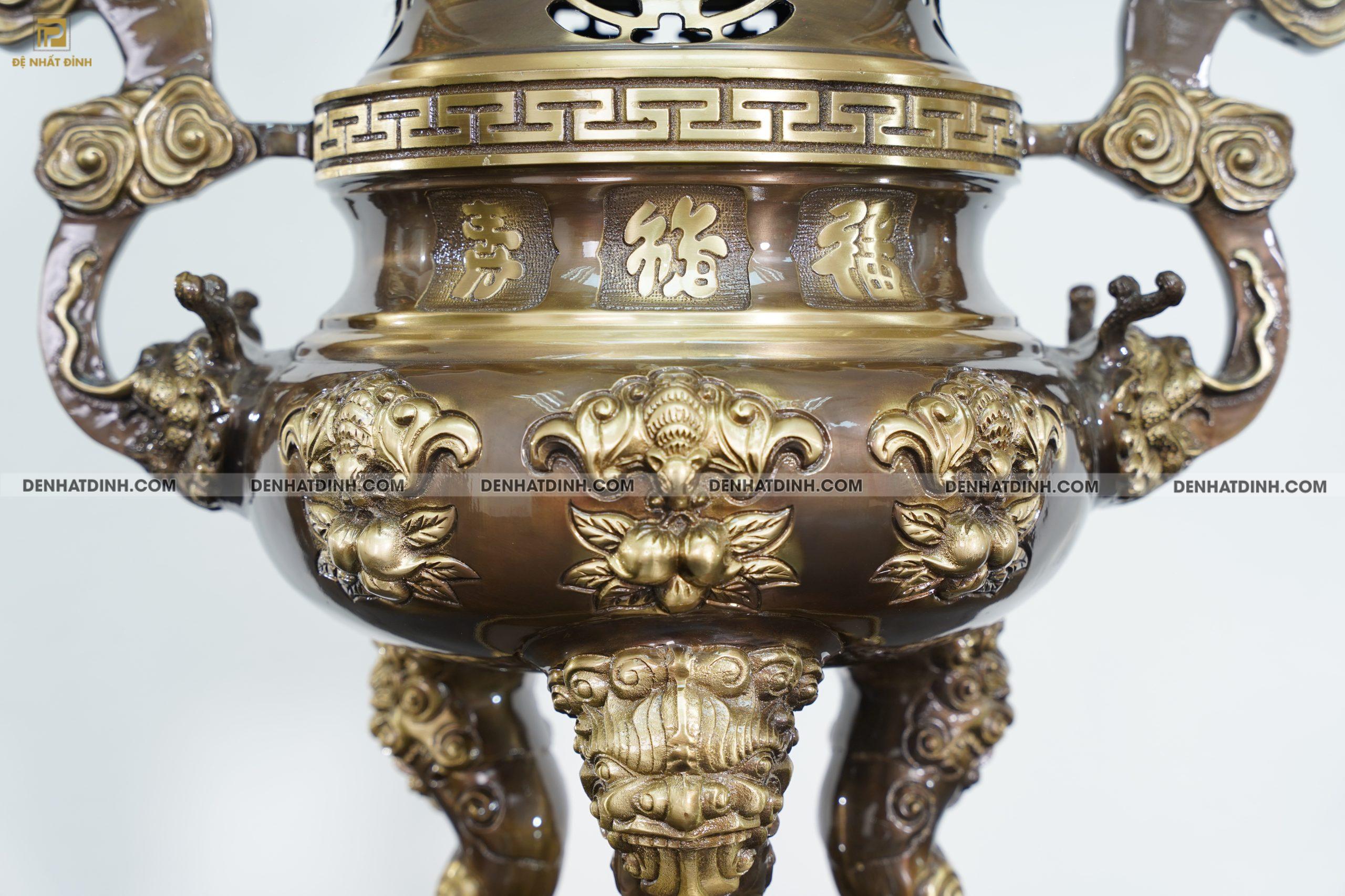 Bộ đỉnh đồng ngũ sự dơi đào cao 65cm màu hun giả cổ chân nến kỹ - Ảnh 5