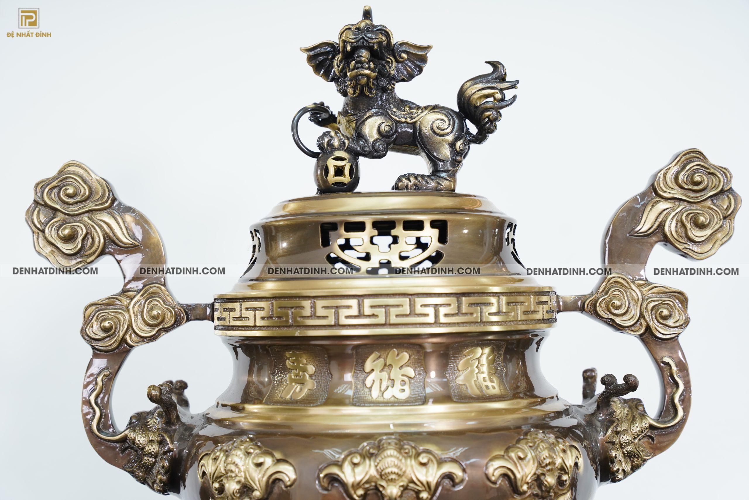 Bộ đỉnh đồng ngũ sự dơi đào cao 65cm màu hun giả cổ nến chữ phúc - Ảnh 3
