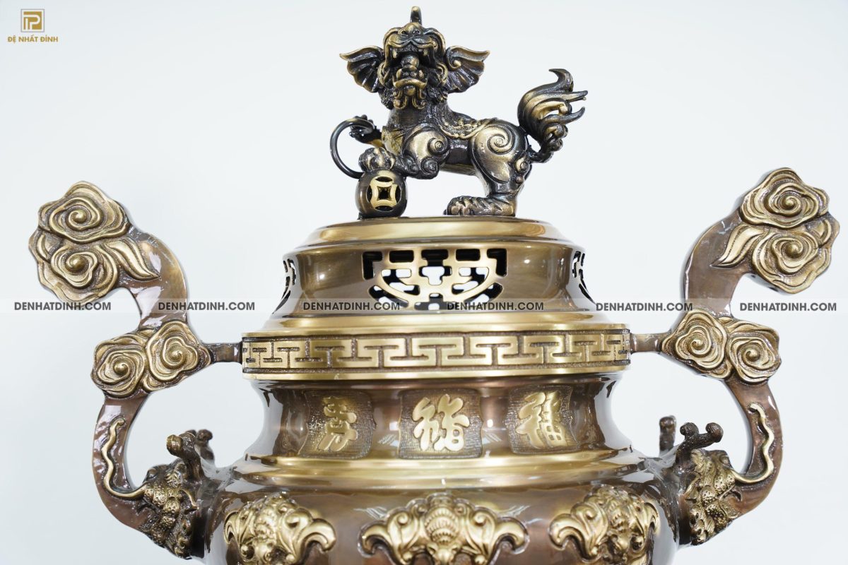 Bộ đỉnh đồng ngũ sự dơi đào cao 65cm nến trơn màu hun giả cổ - Ảnh 2