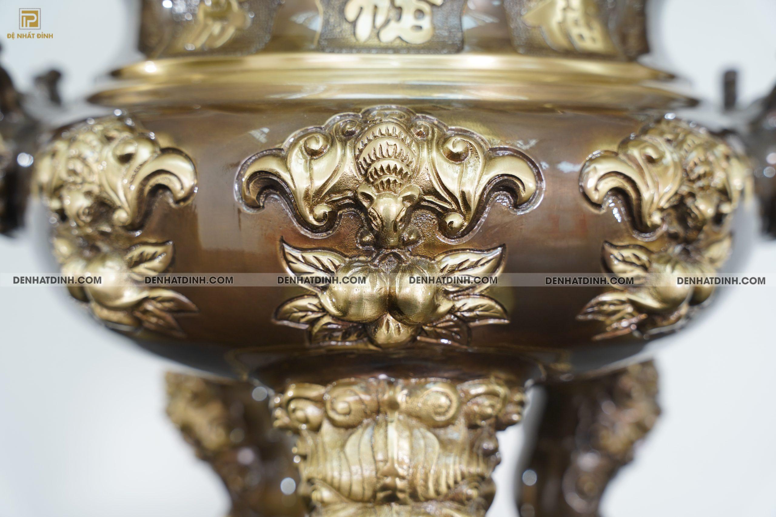 Bộ đỉnh đồng ngũ sự dơi đào cao 65cm màu hun giả cổ chân nến kỹ - Ảnh 4