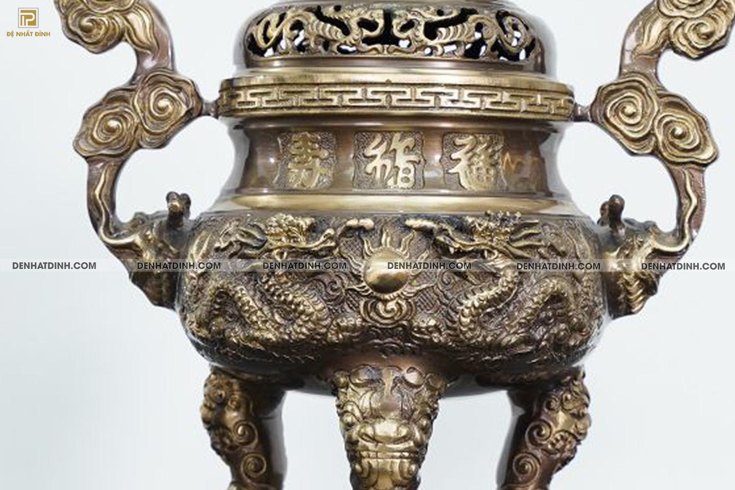 Bộ đỉnh đồng tam sự nến song long 40 hoa văn CN - Ảnh 3