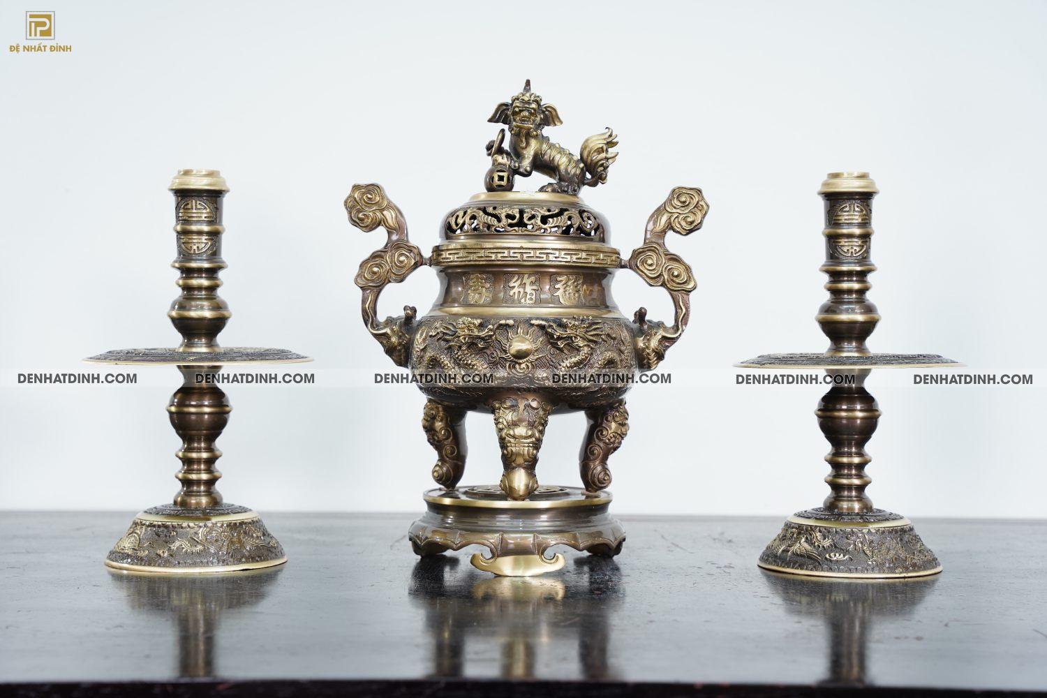 Bộ đỉnh đồng tam sự nến song long 40 hoa văn CN