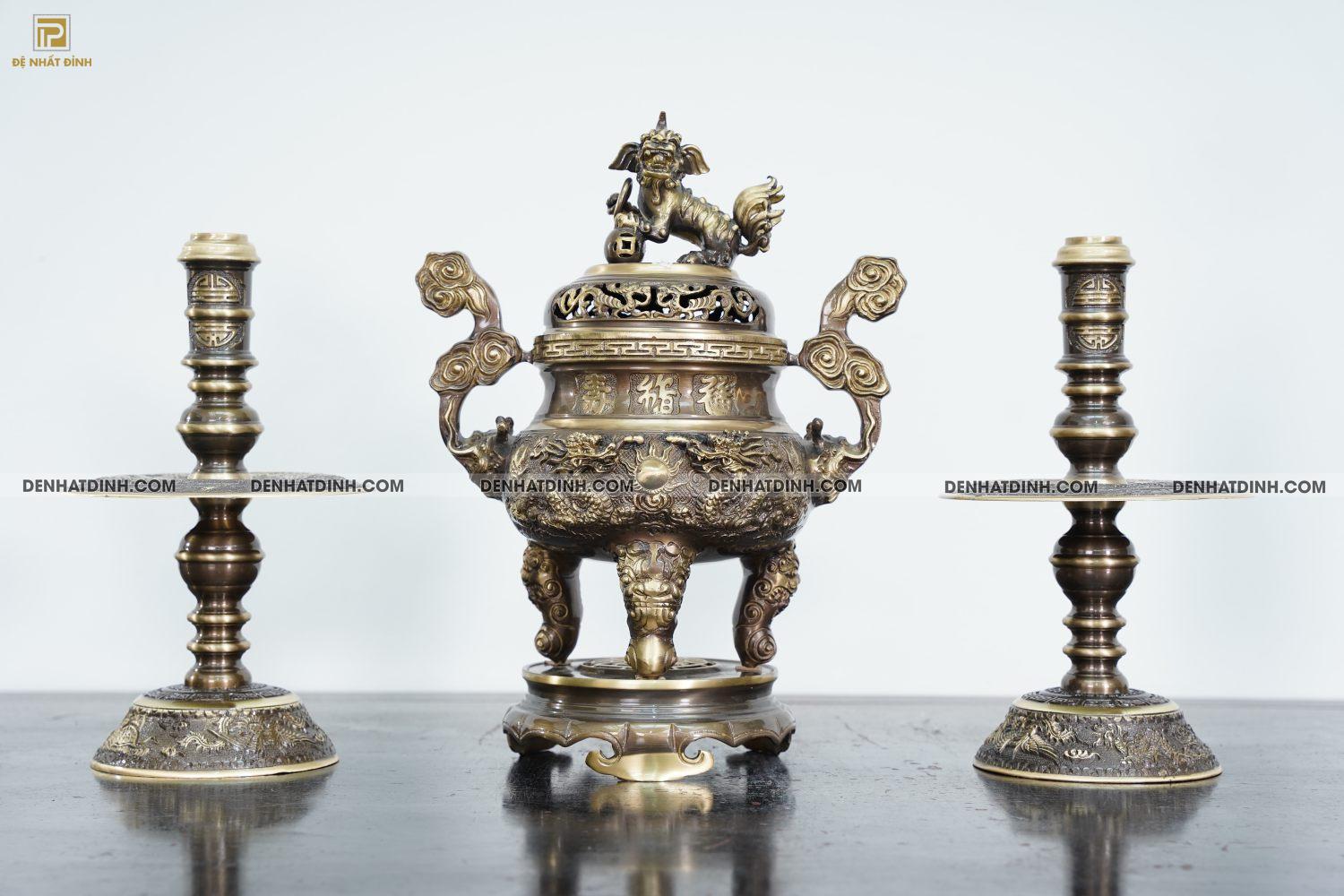 Bộ đỉnh đồng tam sự nến song long 40 hoa văn CN - Ảnh 5