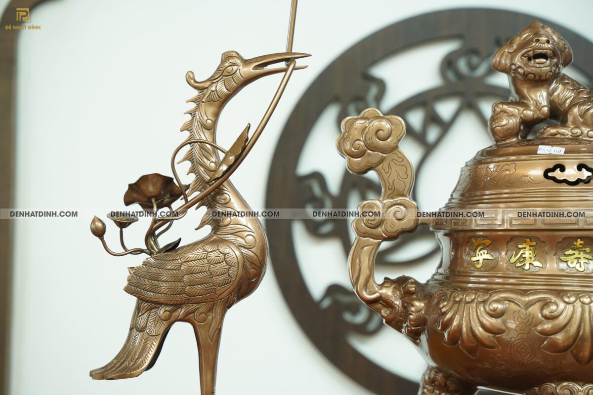 Bộ đỉnh đồng đỏ tam sự hạc hoa sòi 50 - Ảnh 3