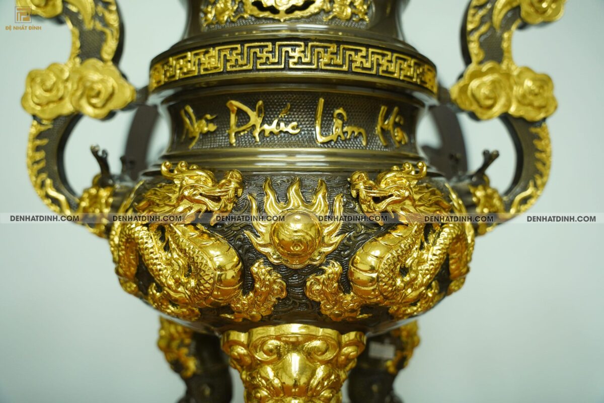 Bộ đỉnh đồng tam sự nến kỹ Ngũ Phúc Lâm Môn dát vàng điểm - Ảnh 5