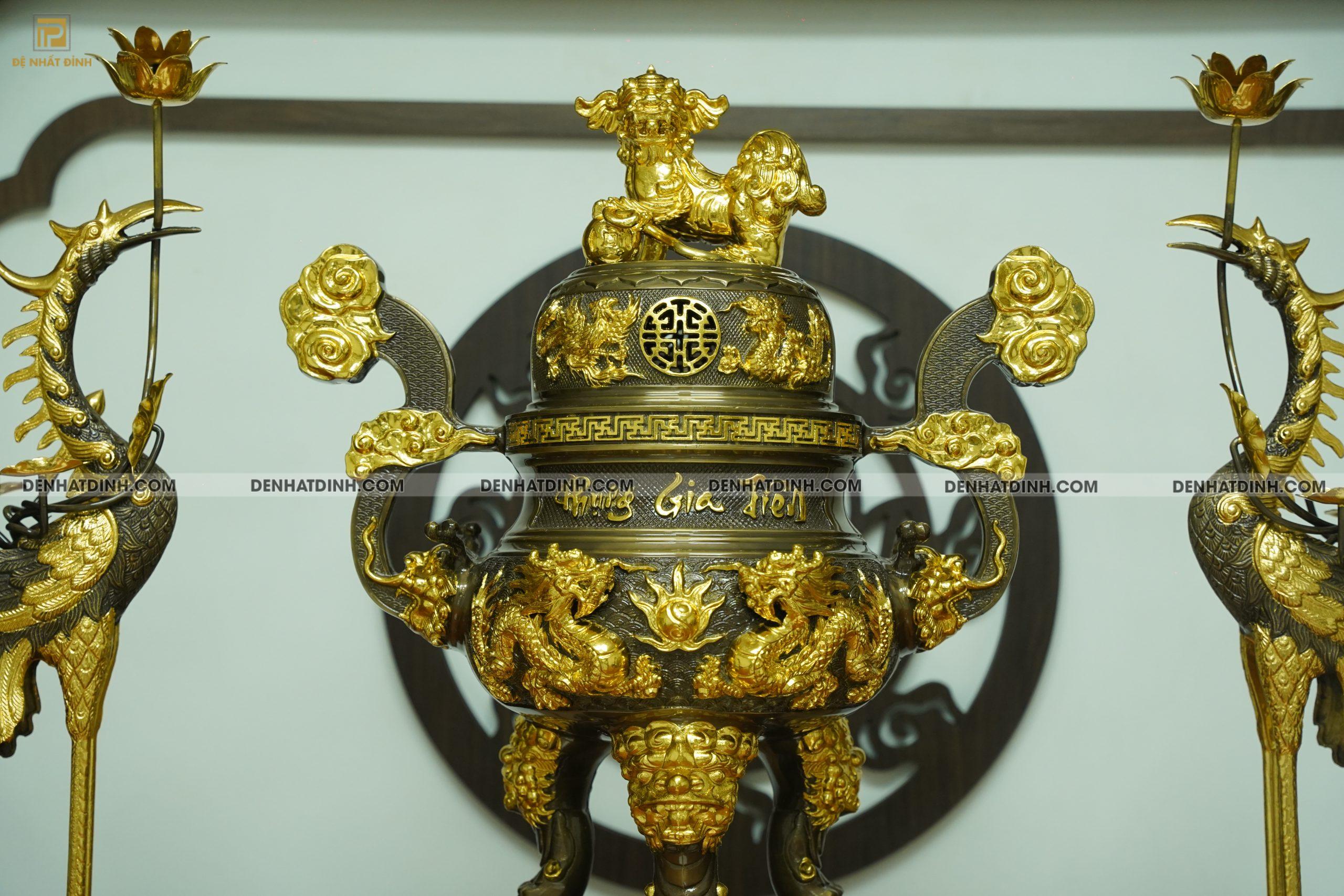 Bộ đỉnh đồng ngũ sự Phụng Gia Tiên 65 dát vàng điểm nến kỹ - Ảnh 5