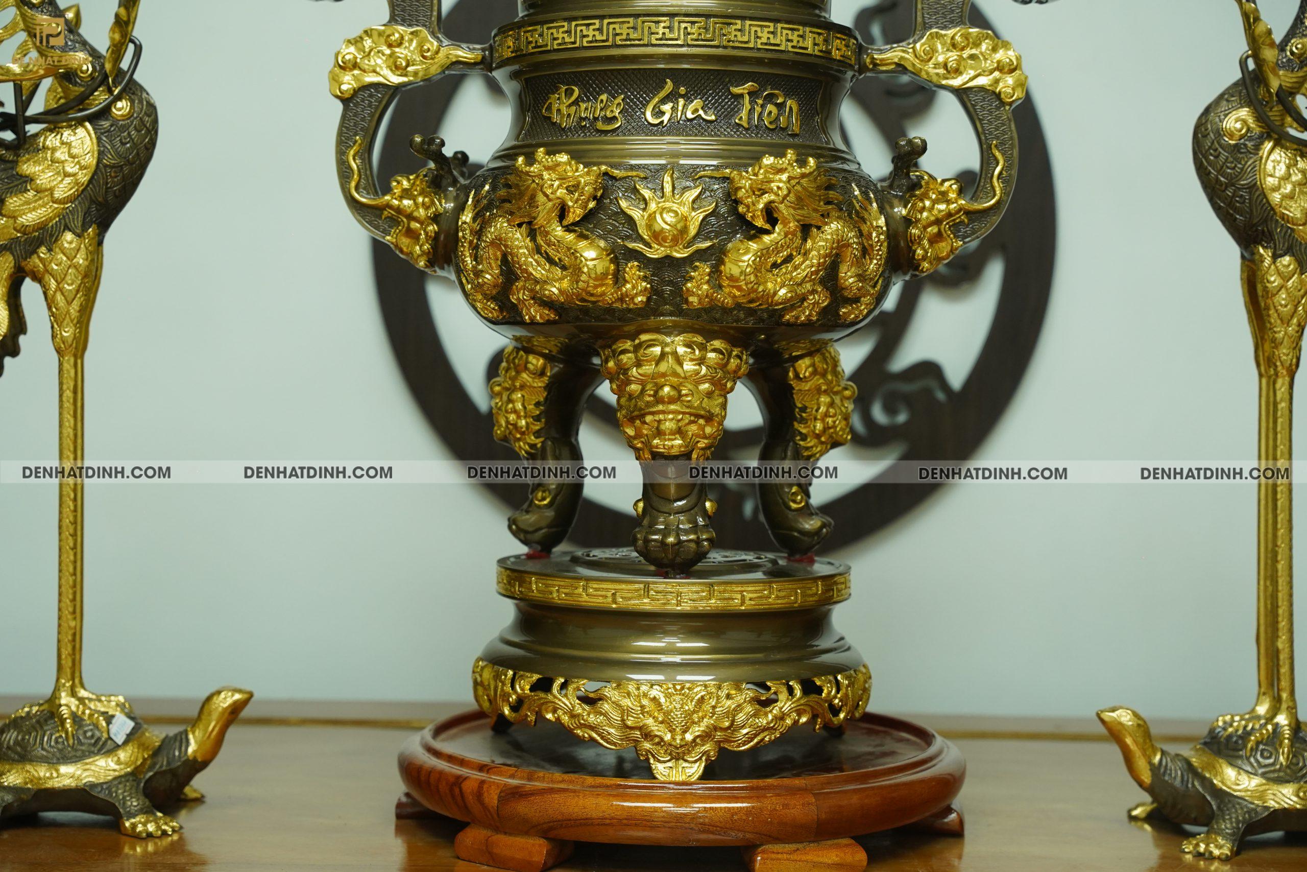 Bộ đỉnh đồng ngũ sự Phụng Gia Tiên 65 dát vàng điểm nến kỹ - Ảnh 6