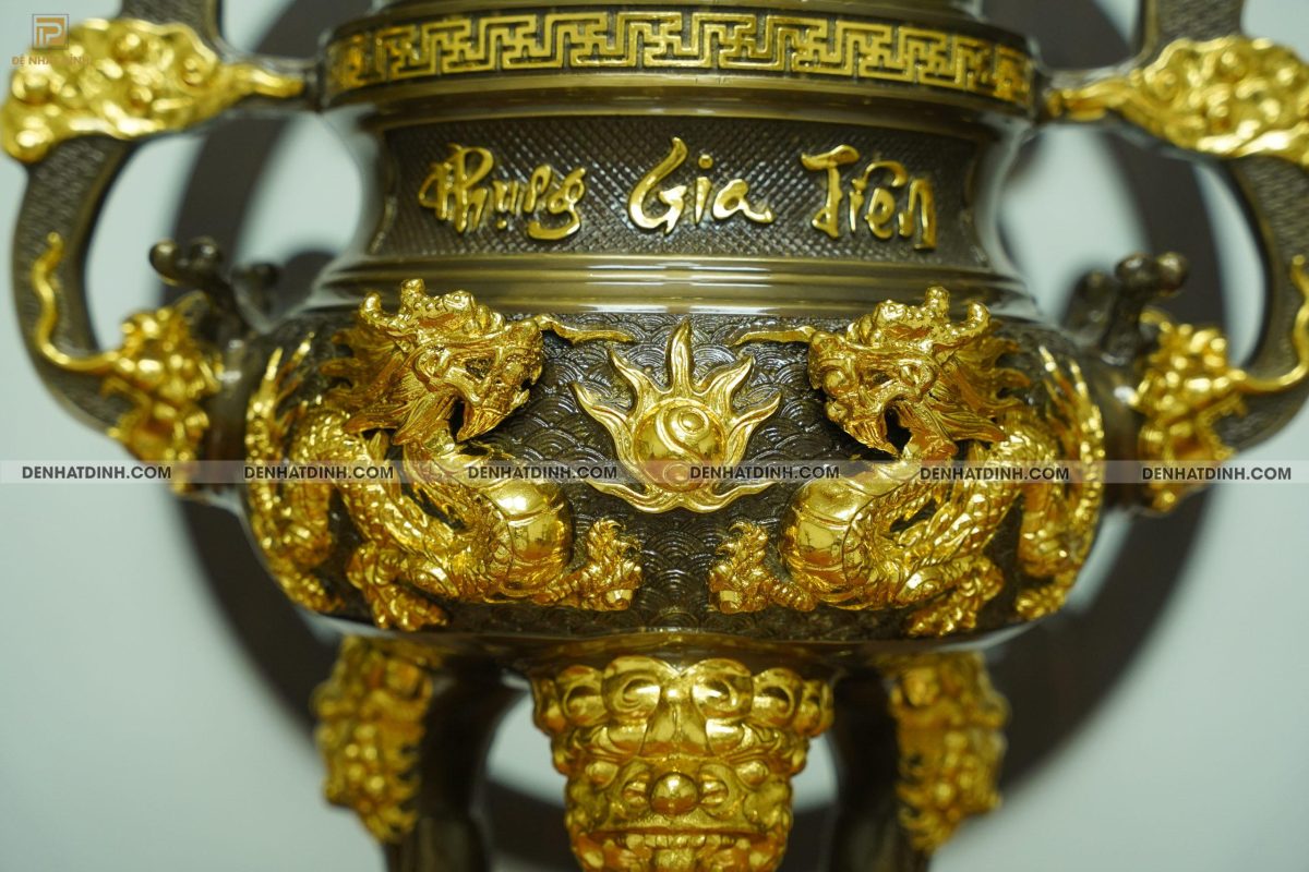 Bộ đỉnh đồng ngũ sự Phụng Gia Tiên 65 dát vàng điểm hoa văn - Ảnh 7