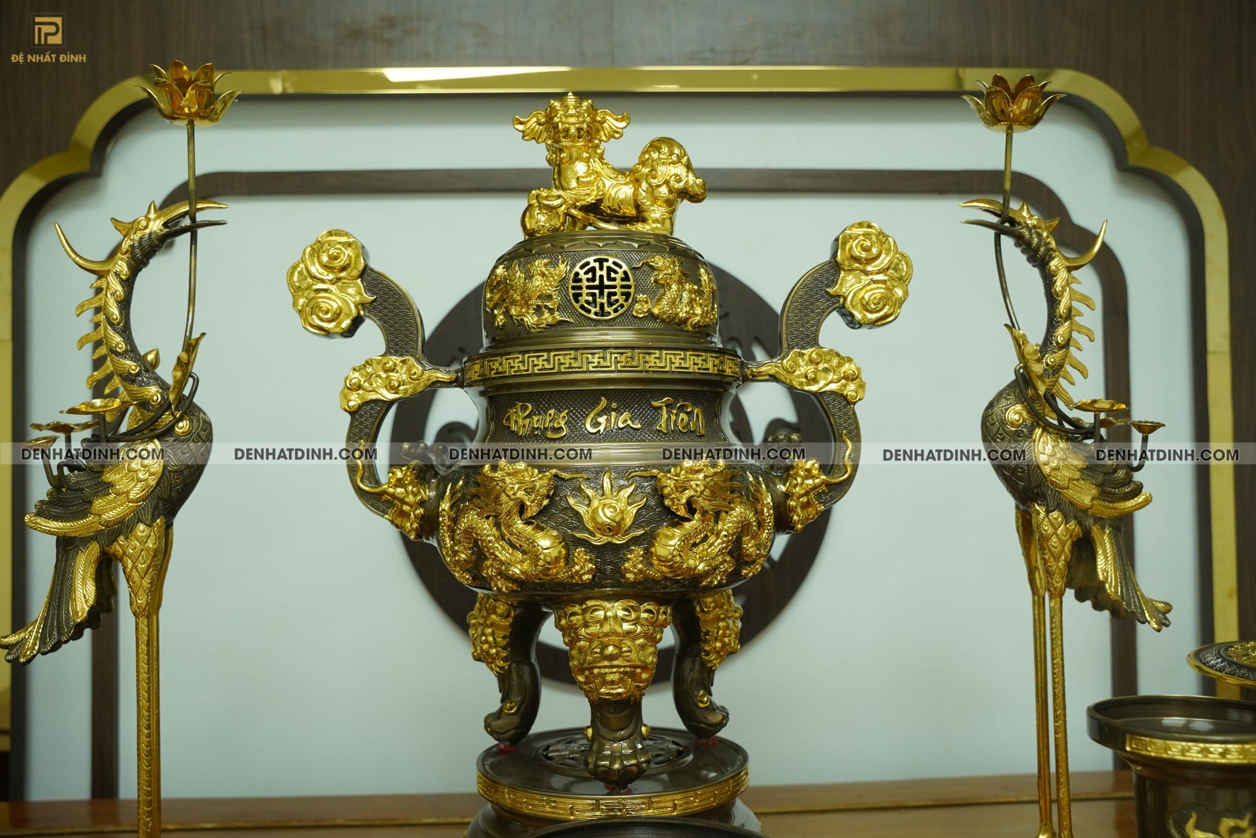 Bộ đỉnh đồng ngũ sự Phụng Gia Tiên 66 dát vàng điểm 4 phụ kiện dát vàng - Ảnh 8