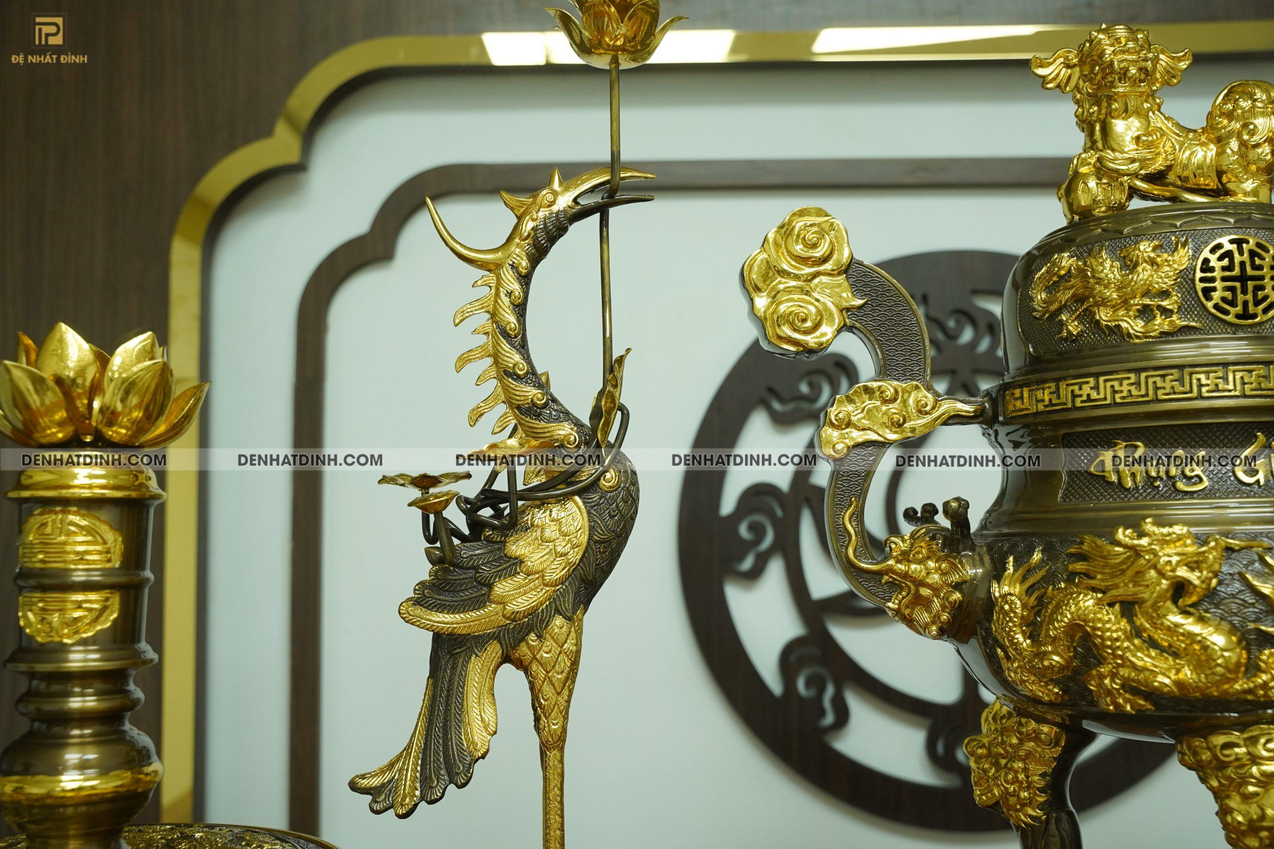 Bộ đỉnh đồng ngũ sự Phụng Gia Tiên 66 dát vàng điểm 4 phụ kiện dát vàng - Ảnh 3