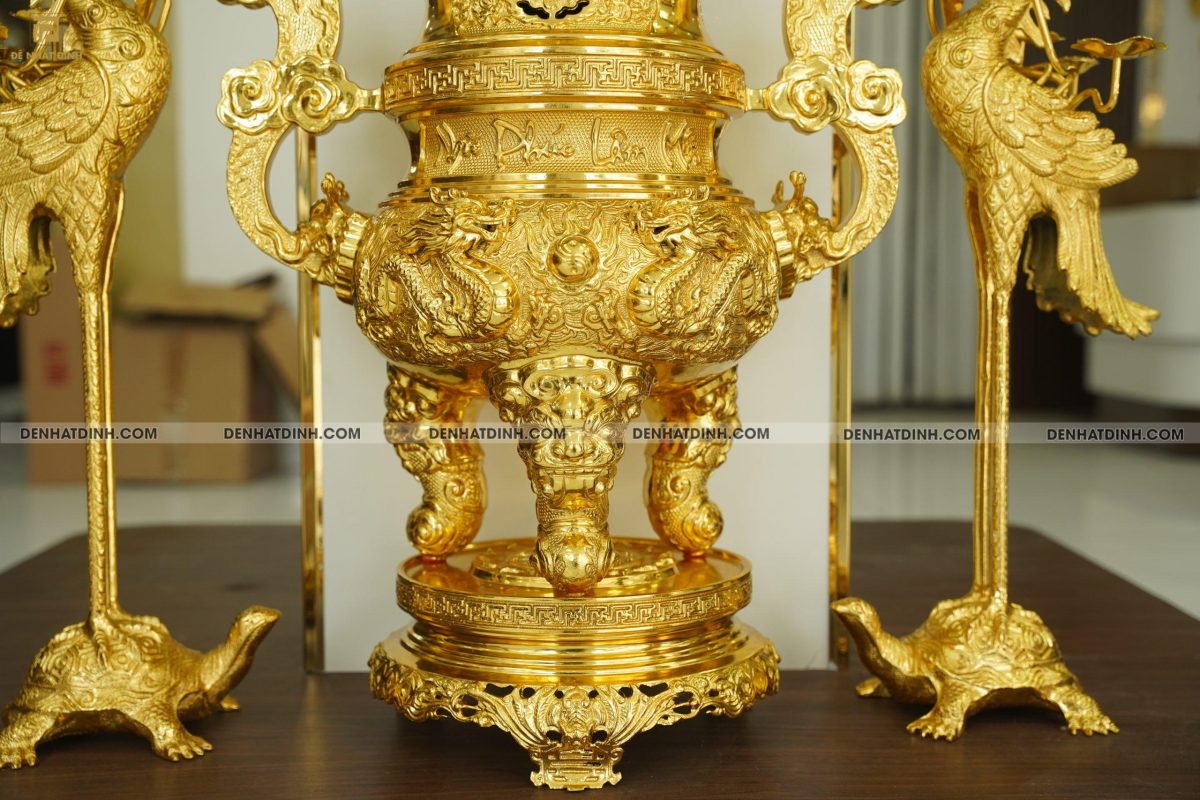 Bộ đỉnh đồng tam sự hạc Ngũ Phúc Lâm Môn 65 dát vàng toàn bộ - Ảnh 6