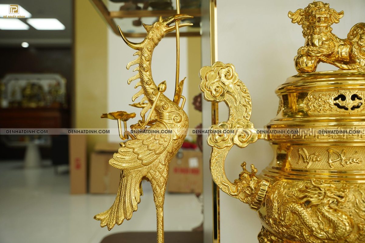 Bộ đỉnh đồng tam sự hạc Ngũ Phúc Lâm Môn 65 dát vàng toàn bộ - Ảnh 3