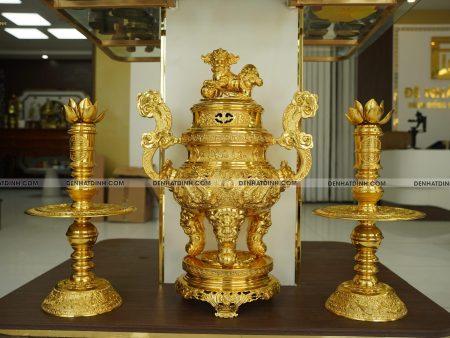 Bộ đỉnh đồng tam sự nến Ngũ Phúc Lâm Môn 65 dát vàng toàn bộ