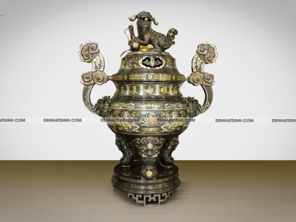 Đỉnh đồng đỏ Song Long chầu nguyệt cao 70cm khảm ngũ sắc