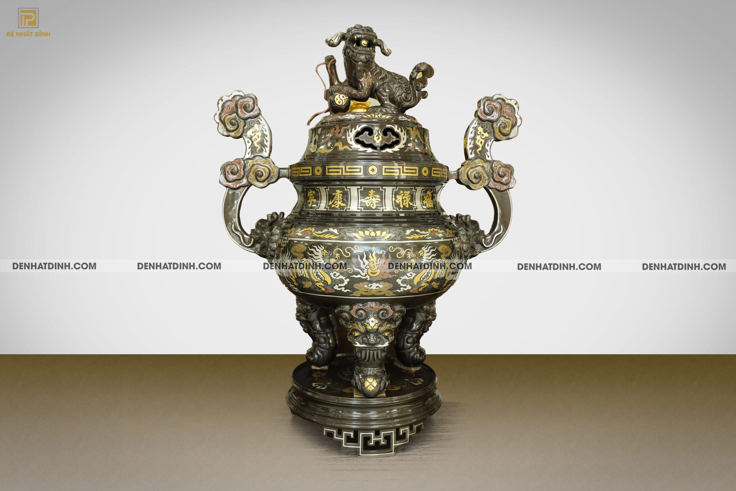 Đỉnh đồng đỏ Song Long chầu nguyệt cao 70cm khảm ngũ sắc