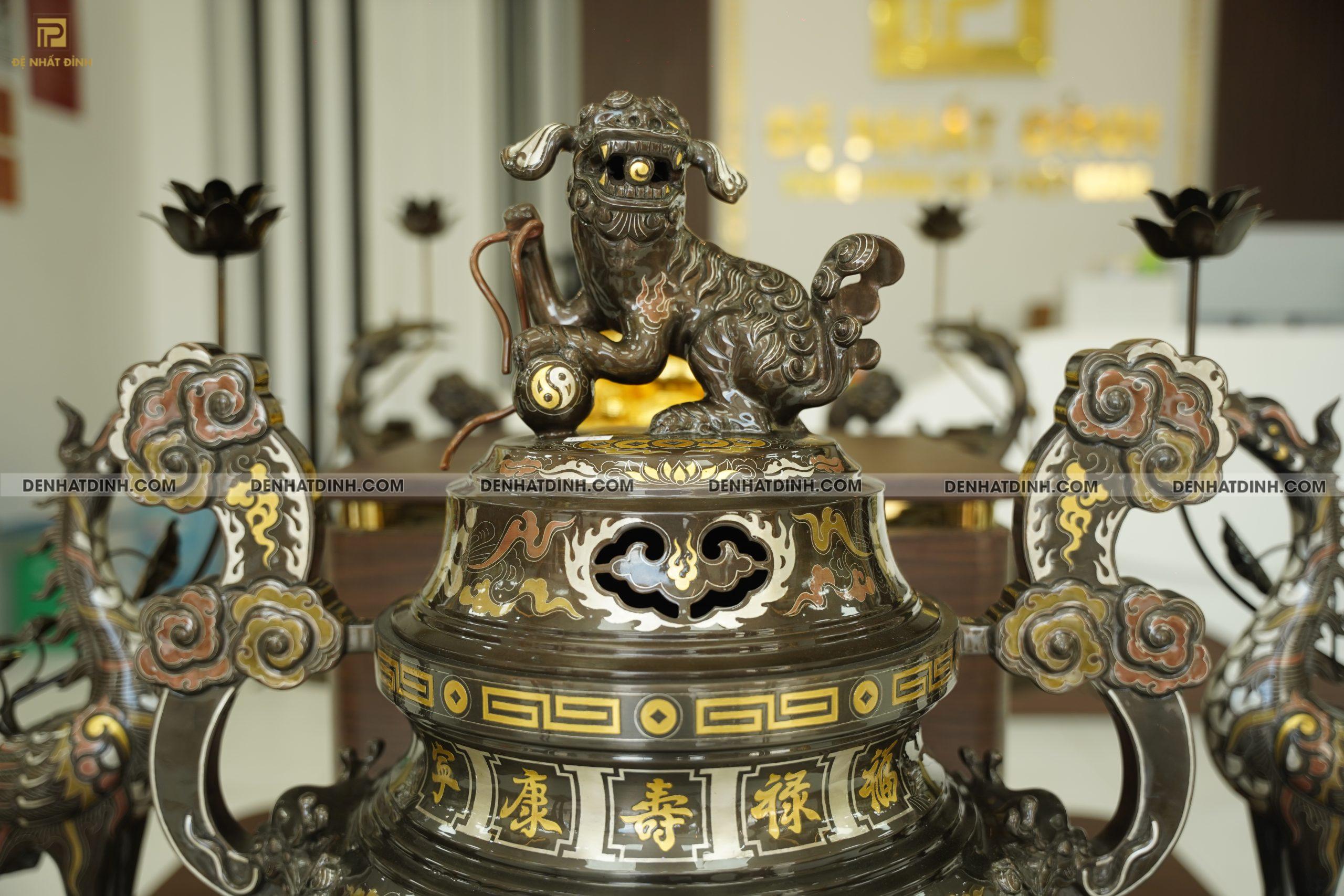 Bộ đỉnh đồng ngũ sự hạc Song Long chầu nguyệt cao 70 cm bằng đồng đỏ khảm ngũ sắc - Ảnh 2