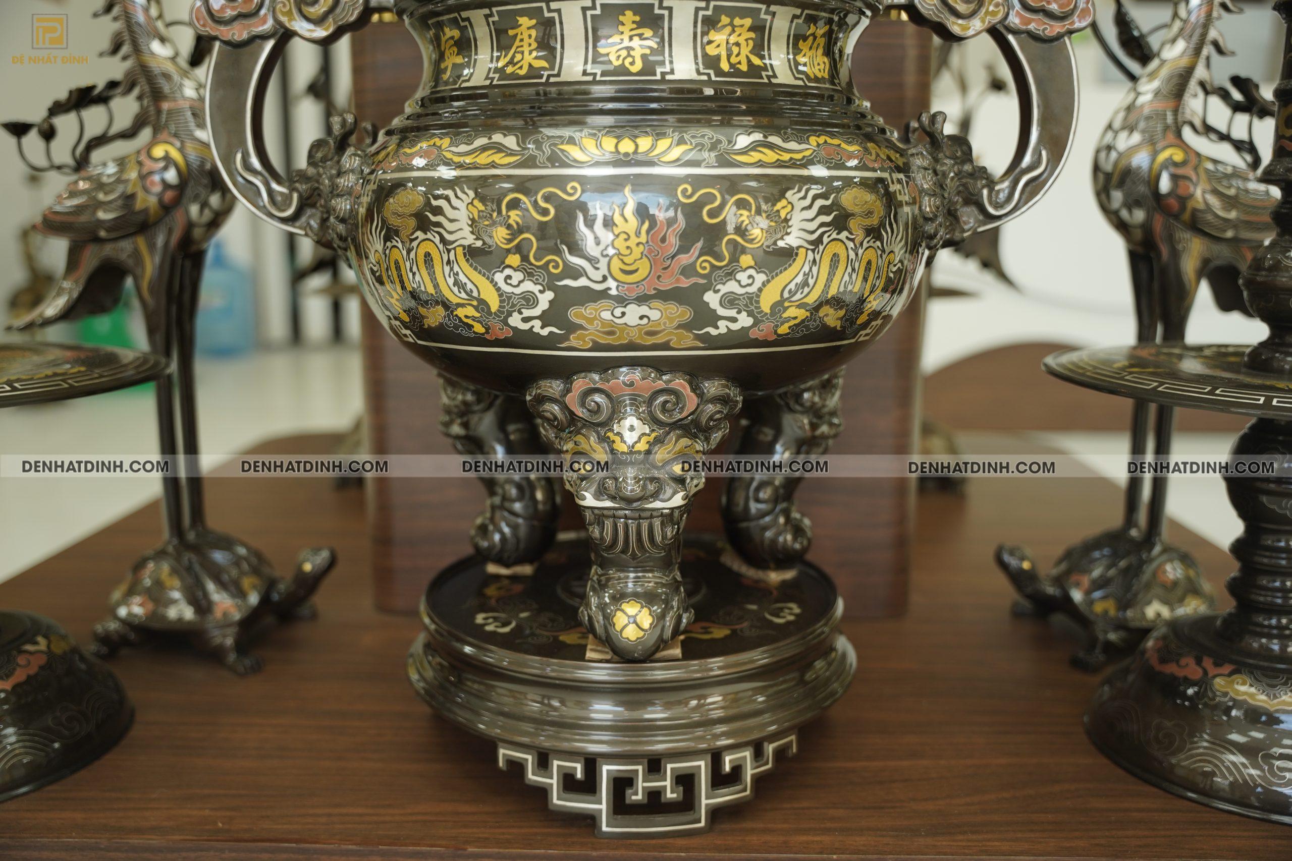 Đỉnh đồng đỏ Song Long chầu nguyệt cao 70cm khảm ngũ sắc - Ảnh 3