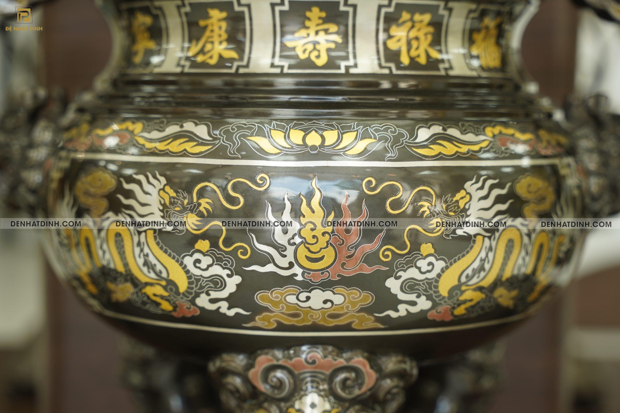 Đỉnh đồng đỏ Song Long chầu nguyệt cao 70cm khảm ngũ sắc - Ảnh 4