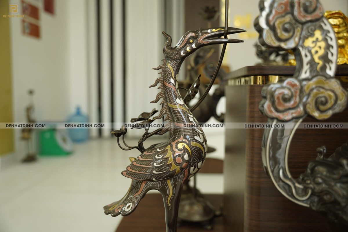 Bộ đỉnh đồng ngũ  sự hạc Song Long chầu nguyệt cao 70 cm bằng đồng đỏ khảm ngũ sắc - Ảnh 6