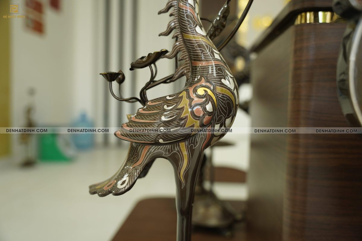 Bộ đỉnh đồng ngũ  sự hạc Song Long chầu nguyệt cao 70 cm bằng đồng đỏ khảm ngũ sắc - Ảnh 3