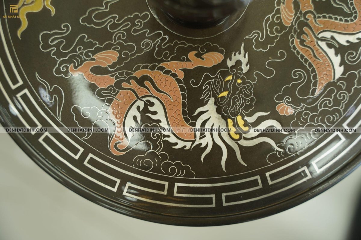 Bộ đỉnh đồng ngũ  sự hạc Song Long chầu nguyệt cao 70 cm bằng đồng đỏ khảm ngũ sắc - Ảnh 4