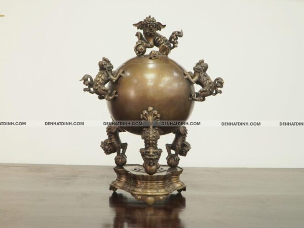 Đỉnh bóng thất lân vờn cầu bằng đồng hun nâu 56cm