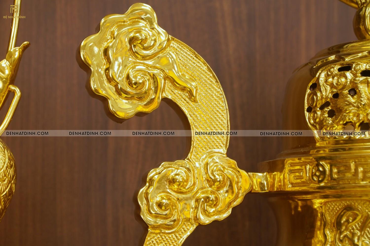 Bộ đỉnh đồng ngũ sự Cuốn Thư 65 dát vàng 24K cùng phụ kiện đồ thờ - Ảnh 5