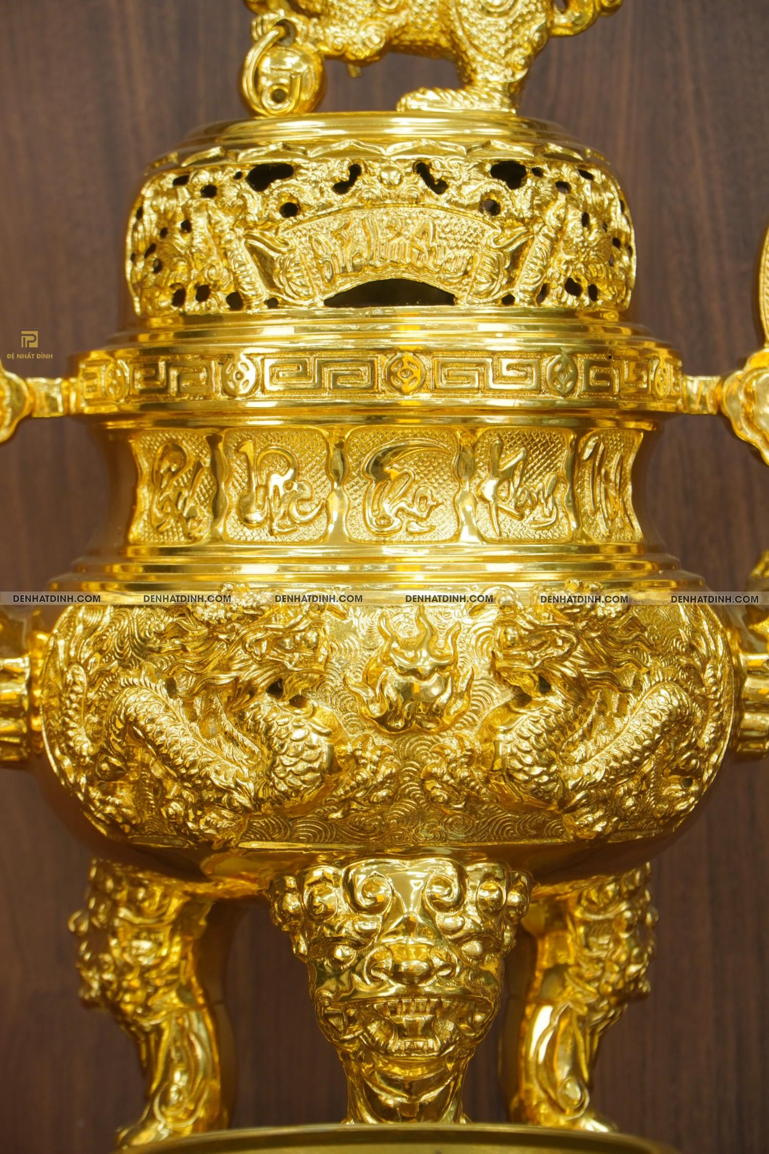 Bộ đỉnh đồng ngũ sự Cuốn Thư 65 dát vàng 24K cùng ống hương, mâm bồng, bát hương, chén thờ - Ảnh 4