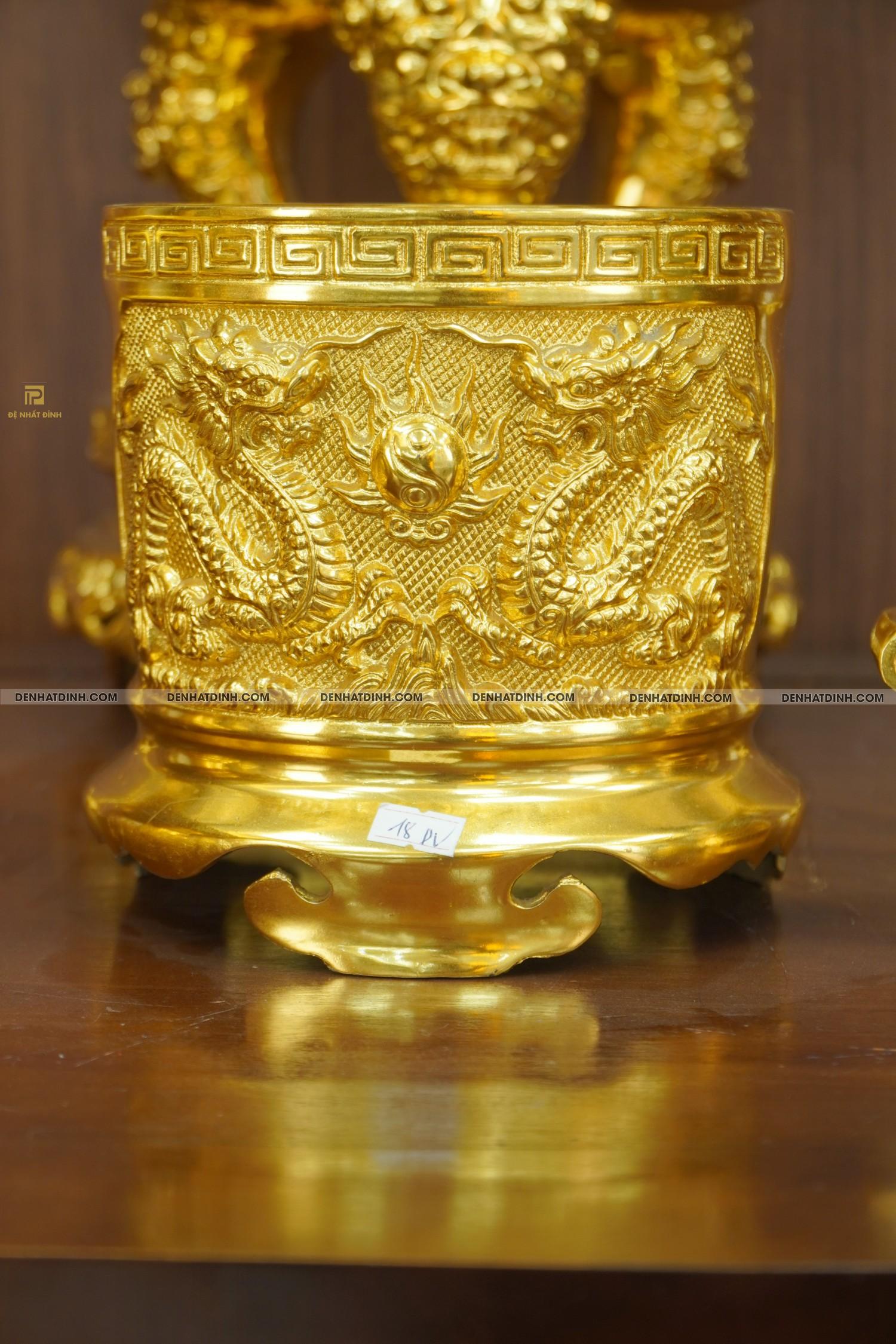 Bộ đỉnh đồng ngũ sự Cuốn Thư 65 dát vàng 24K cùng ống hương, mâm bồng, bát hương, chén thờ - Ảnh 8