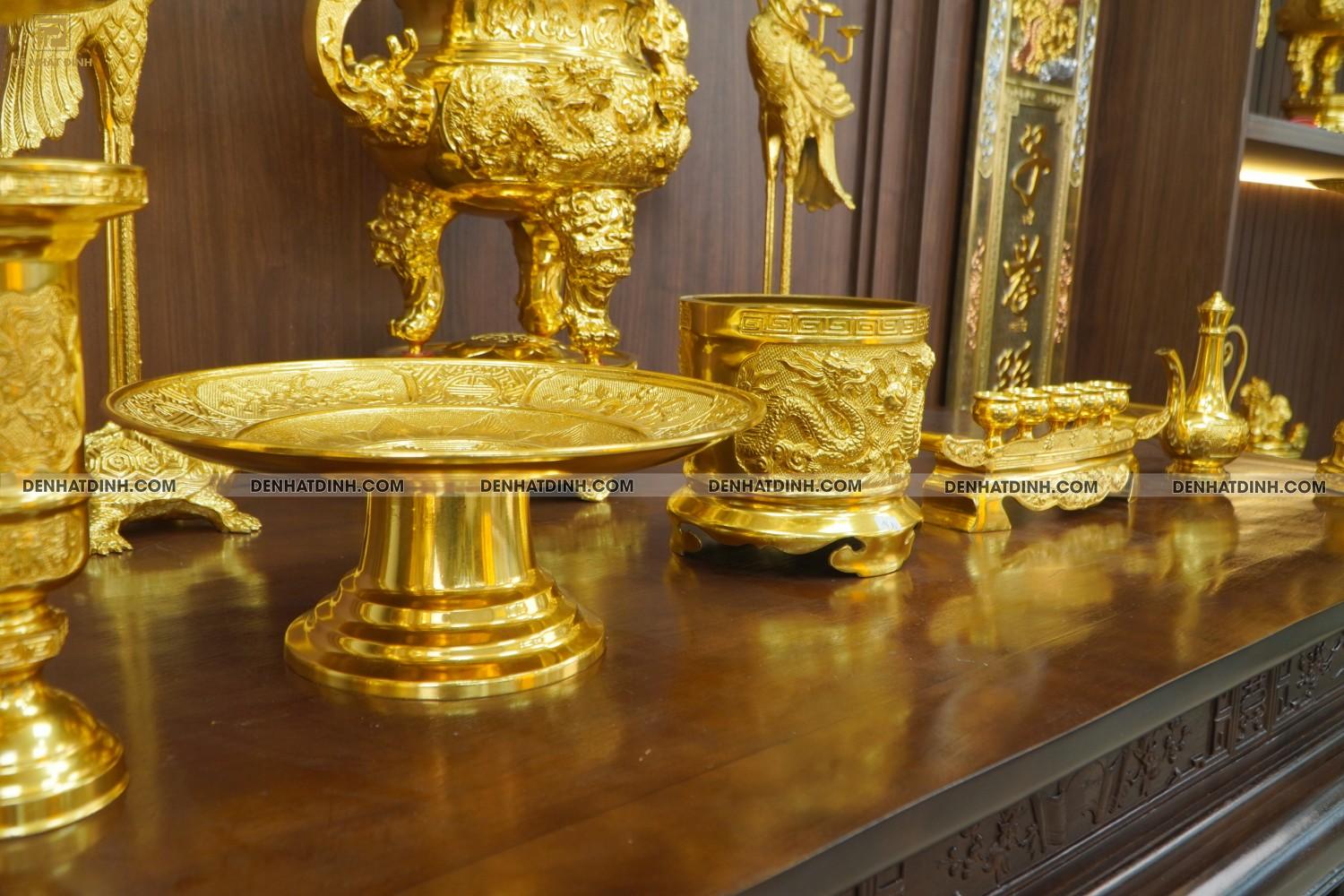 Bộ đỉnh đồng ngũ sự Cuốn Thư 65 dát vàng 24K cùng ống hương, mâm bồng, bát hương, chén thờ - Ảnh 11